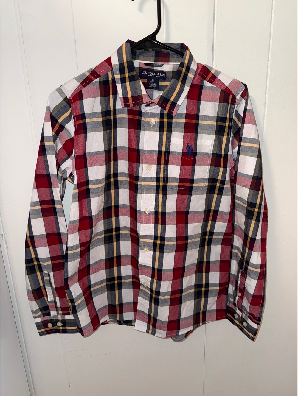 U.S. Polo Assn. Boys XL Long-Sleeve Plaid Button-Up Shirt 100% Cotton Red White